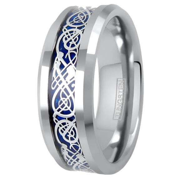 Men's Wedding Band Rings - Silver on Blue Celtic Dragon Design - Wedding Rings - Picture 2 of 5